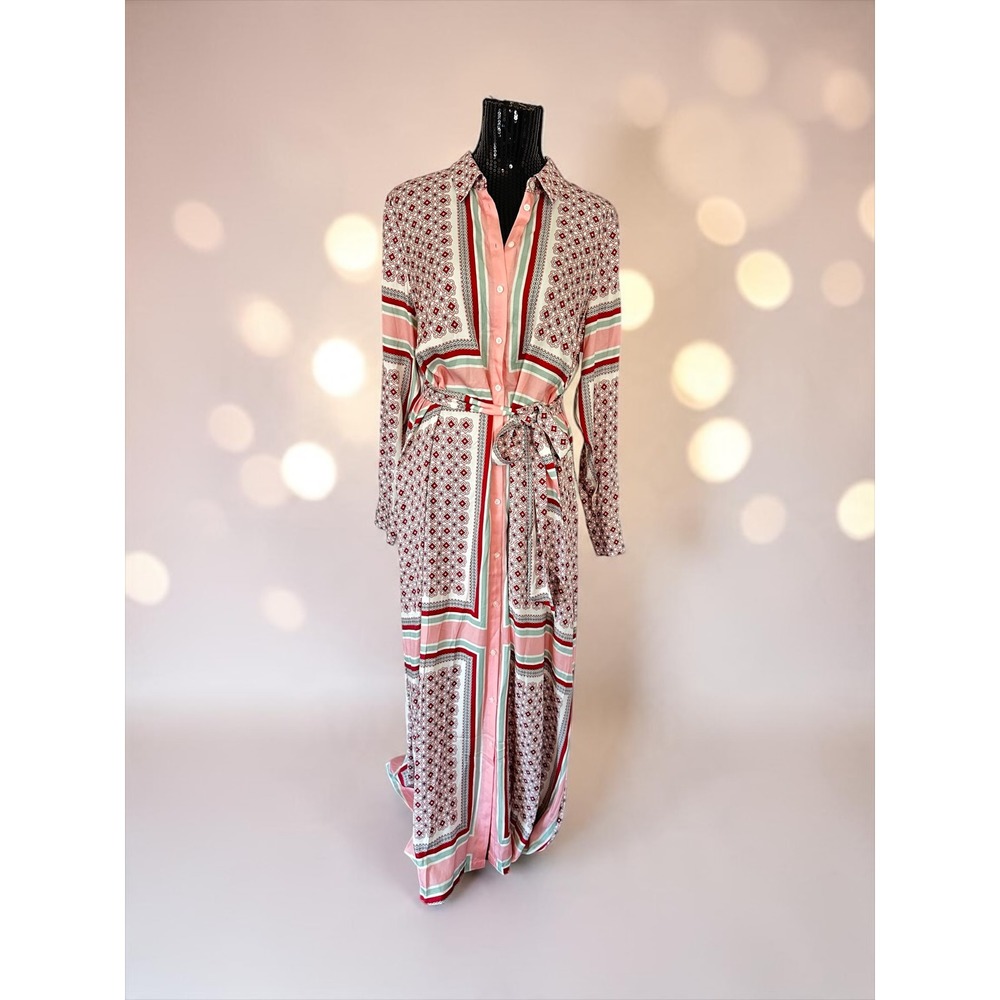 NWT Boden Silk Blend Maxi Shirt Dress Womens 12 Pink Geometric Tile Print